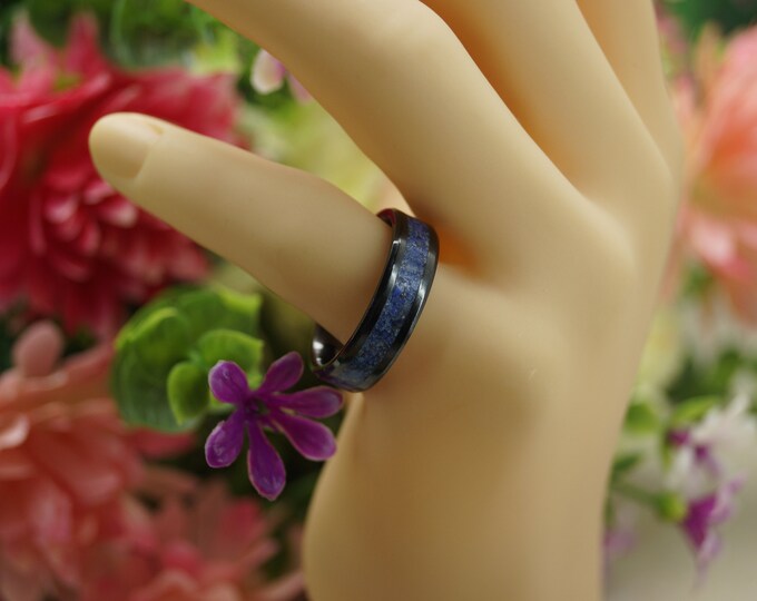 Black Ceramic ring inlaid with Natural Blue Lapis Lazuli Wedding Band 4 mm, 6 mm or 8 mm wide ring - Unique Ring