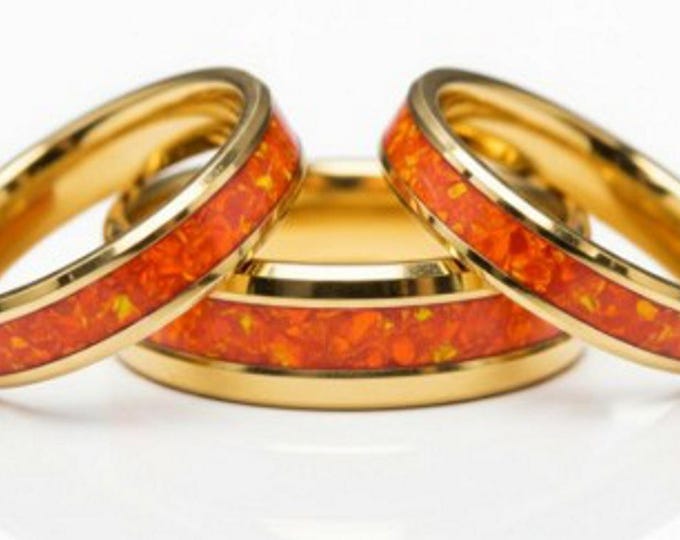 Fire Opal Gold Tungsten Wedding Band: Unique Ring for Men or Women