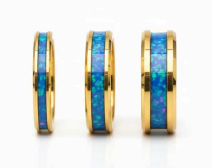 Blue Pacific Opal Gold Tungsten Ring - Unique Wedding Band or Great Gift Idea