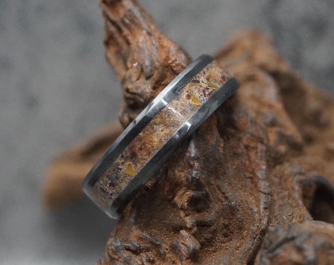 Three colour Tiger Eye Black Ceramic Wedding Band - 4 mm, 6 mm or 8 mm wide ring - every ring is Unique