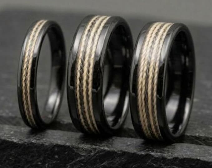 Kevlar Yellow & Black Braided Line Inlaid Black Ceramic ring, Genuine Kevlar Line - Rings available 4 mm, 6 mm or 8 mm wide ring.
