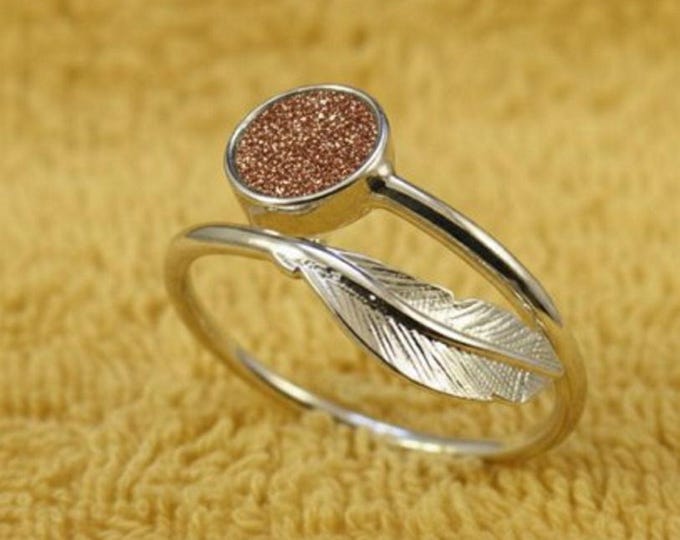 Personalised Sterling Silver Feather Adjustable Ring with a 6mm Setting including Ashes or Hair Inlaid With Bronze Eco-Glitter