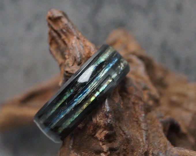 Black Tungsten Wedding Band: Abalone Ring with Blue Opal Inlay