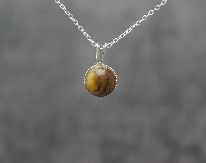 Tiger Eye Sterling Silver Round Pendant Milled Edge with 18" Chain (chain options)