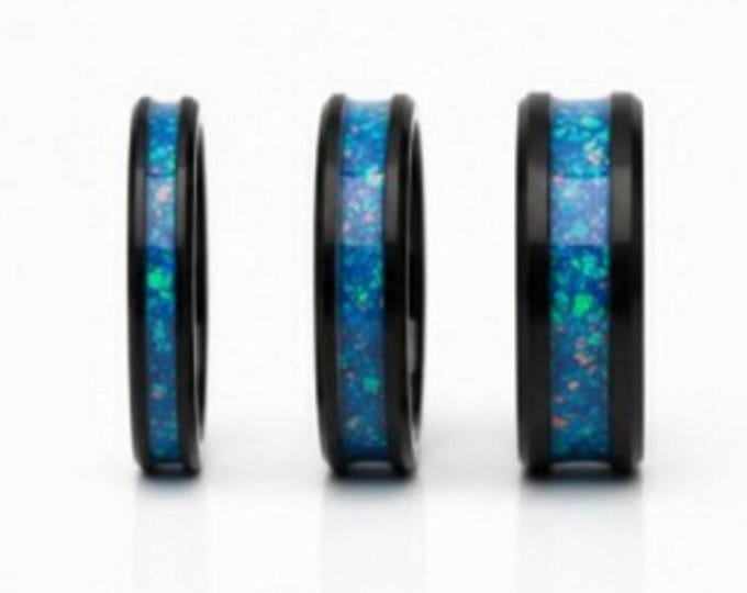 Multi-Teal Opal Black Ceramic Wedding Band: Unique Inlaid Ring