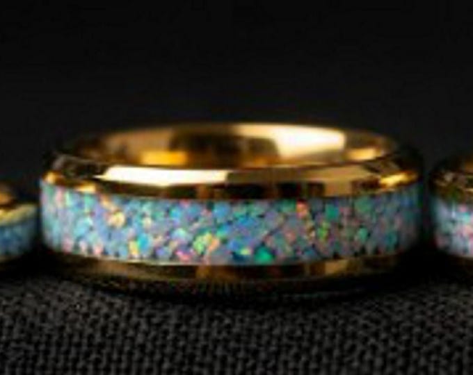 Fire & Snow Opal Gold Tungsten Ring - Unique Wedding Band or Gift Idea