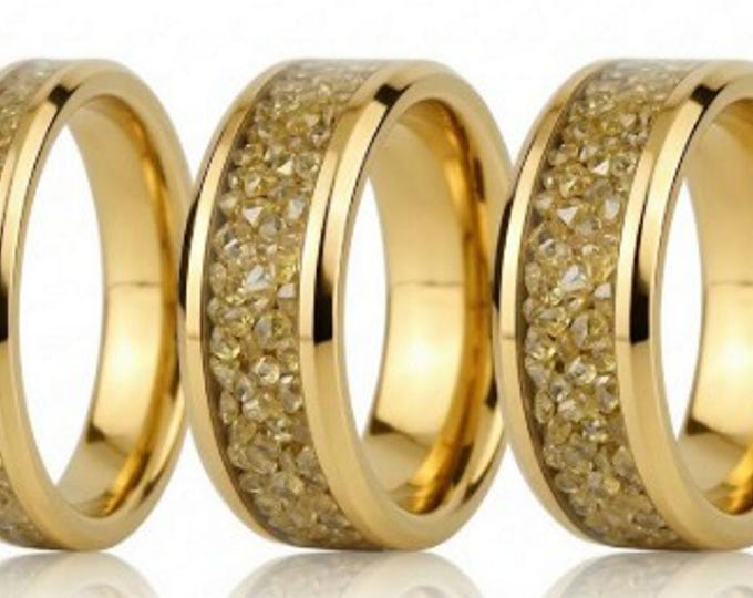 Golden CZ Stones Inlaid Gold Tungsten Ring - Available 4mm, 6mm or 8mm wide
