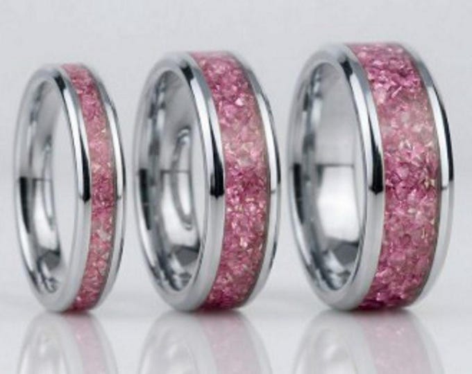 Pink CZ Stones Inlaid Tungsten Carbide Ring - Available 4mm, 6mm or 8mm wide