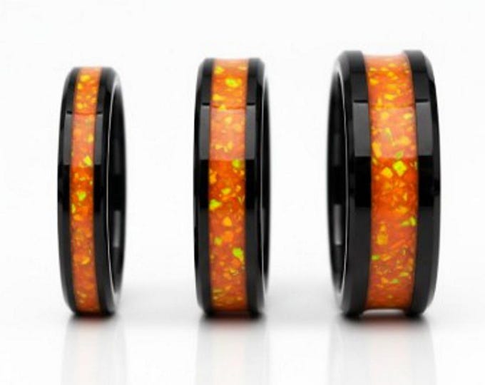 Personalised Fire Opal Black Ceramic Ashes Memorial Ring - Available 4, 6, 8mm wide