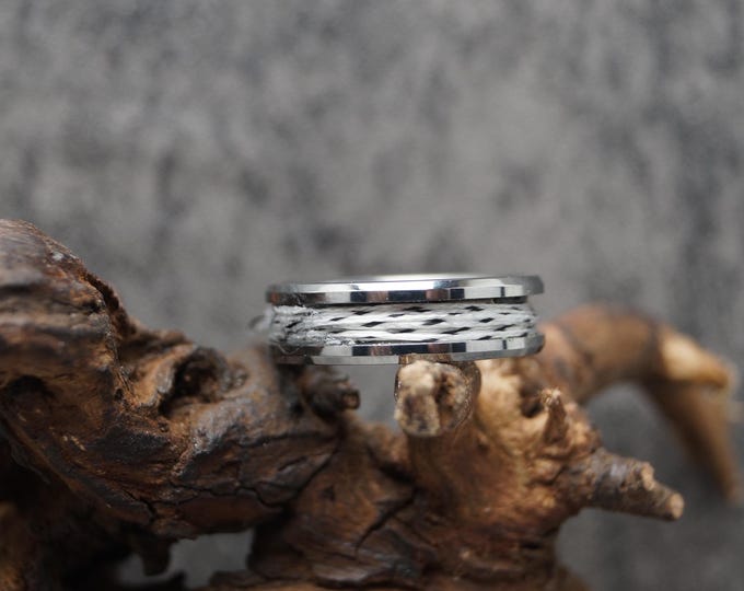 Spider-Line Silver / Black Fishing Line Tungsten Ring - Available 4mm, 6mm or 8mm wide