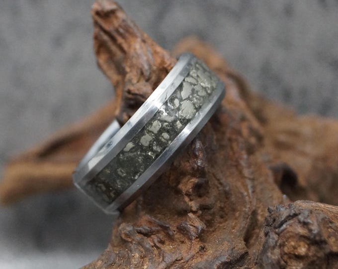 Natural Pyrite Inlay Black Ceramic Ring - Fools Gold Band