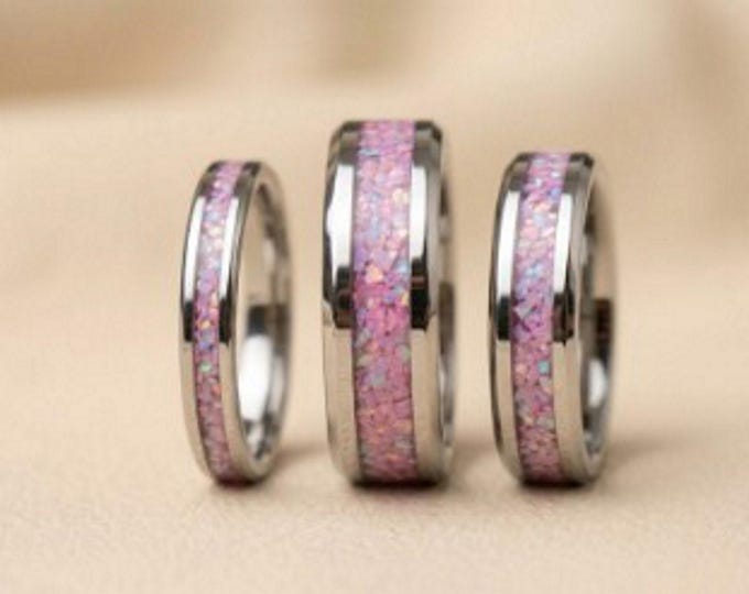 Rose Pink Opal Tungsten Ring - Unique Wedding Band