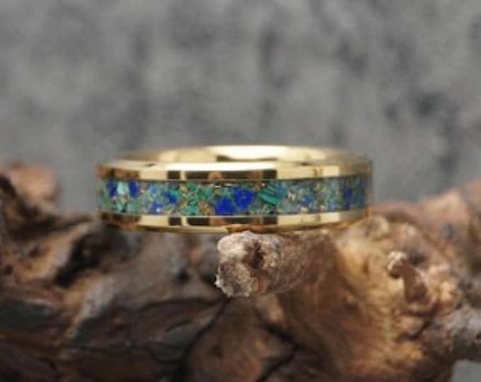 Azurite Gold Tungsten Wedding Band: Natural Stone Inlay Ring