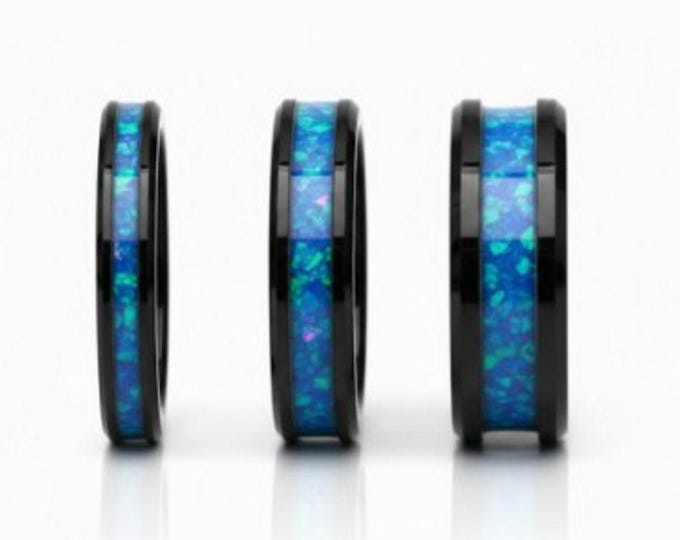 Blue Pacific Opal Black Ceramic Ring - Unique Wedding Band