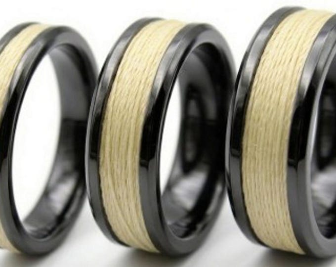 Kevlar Yellow Braided Line Inlaid Black Ceramic ring, Genuine Kevlar Line - Rings available 4 mm, 6 mm or 8 mm wide ring.