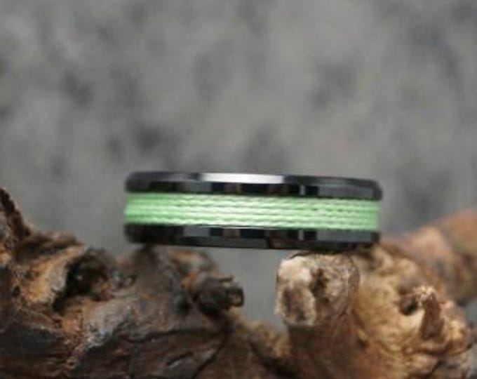 Green fishing Line Black Ceramic ring inlaid with Genuine fishing Line - 4 mm, 6 mm or 8 mm wide ring.