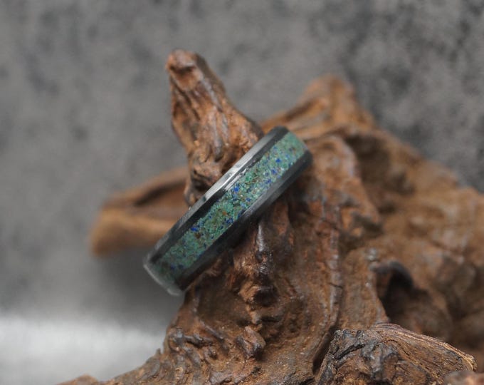Azurite Black Ceramic Wedding Band: Natural Stone Inlay Ring