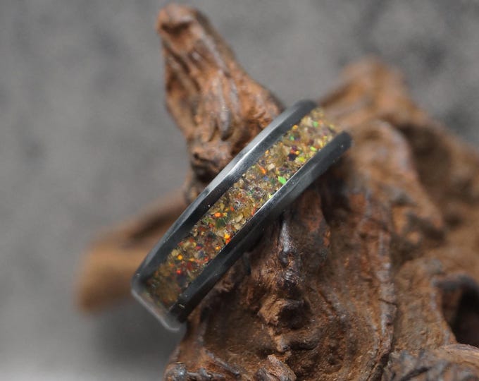 Black Ceramic Ring: Black Opal & Megalodon Tooth Inlay Band