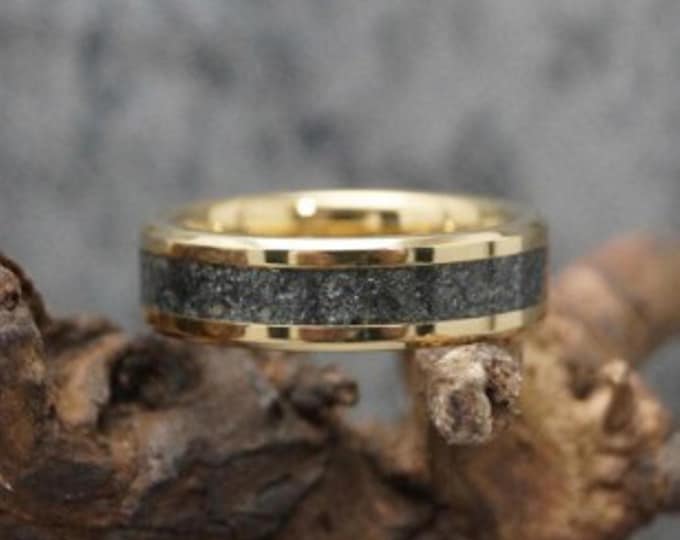 Black Tourmaline Inlay Gold Tungsten Carbide Ring - Available 4mm, 6mm or 8mm wide - Unique Ring