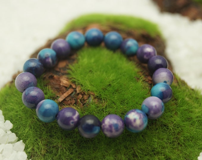 Purple Blue Rainbow Ceramic Bead Bracelet for Men or Women 8 mm / 0.314961" Beads On Stretch Cord - From 152 mm to 228 mm / 6" to 9" Length