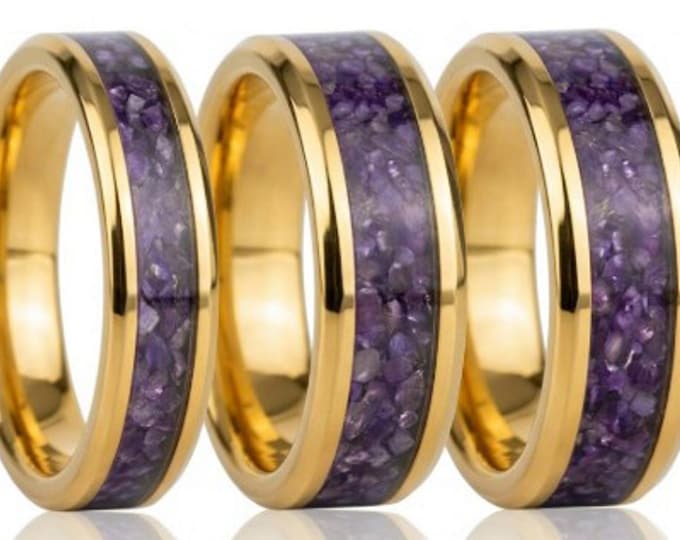 Amethyst CZ Stones Inlaid Gold Tungsten Ring - Available 4mm, 6mm or 8mm wide