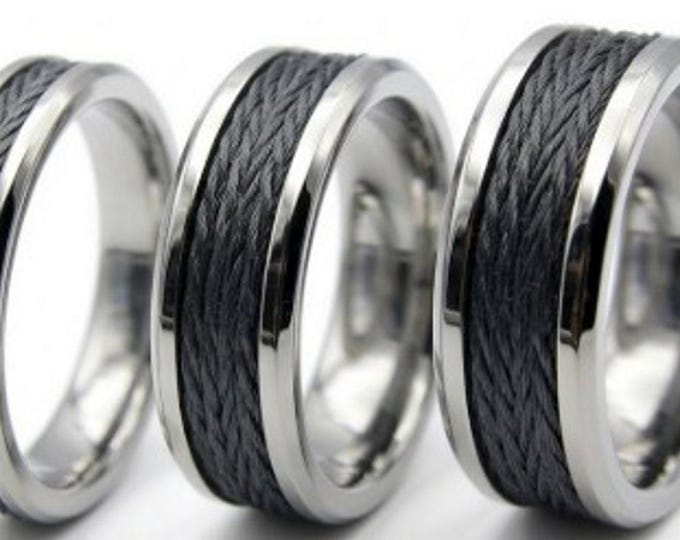 Kevlar Black Braided Line Inlaid Tungsten Ring, Genuine Kevlar Line - Rings available 4 mm, 6 mm or 8 mm wide ring.