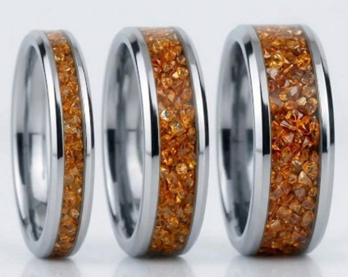 Orange CZ Stones Inlaid Tungsten Carbide Ring - Available 4mm, 6mm or 8mm wide