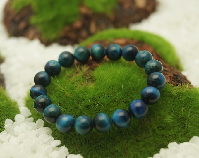 Natural Blue Tiger Eye Bead Bracelet for Men or Women 8 mm / 0.314961" Stretch Cord - From 152 mm to 228 mm / 6" to 9" Length