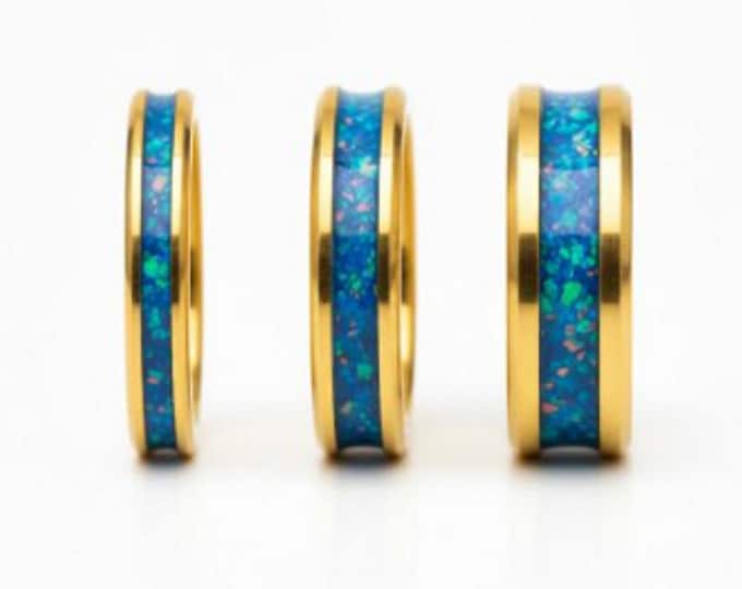Multi-Teal Opal Gold Tungsten Wedding Band: Unique Inlaid Ring  - Great Gift Idea