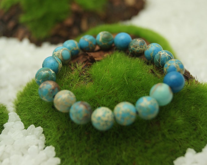 Natural Blue Sea Sediment Imperial Jasper Bead Bracelet for Men or Women 8 mm / 0.314961" Stretch - From 152 mm to 228 mm / 6" to 9" Length