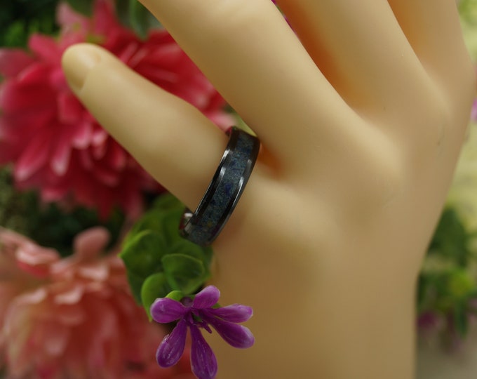 Blue Tiger Eye Black Ceramic Wedding Band - 4 mm, 6 mm or 8 mm wide ring - every ring is Unique