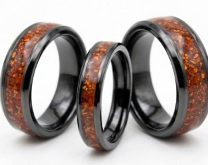 Garnet CZ Stones Inlaid Black Ceramic Ring - Available 4mm, 6mm or 8mm wide