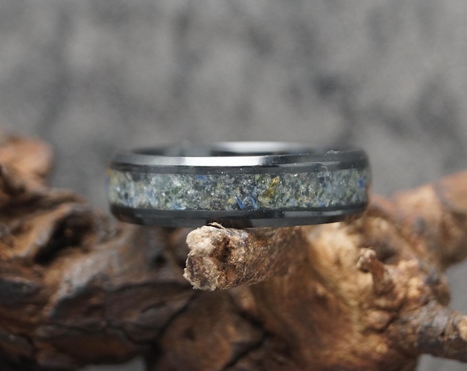 Sea Glass Inlay Black Ceramic Wedding Band: Lyme Regis Beach Glass