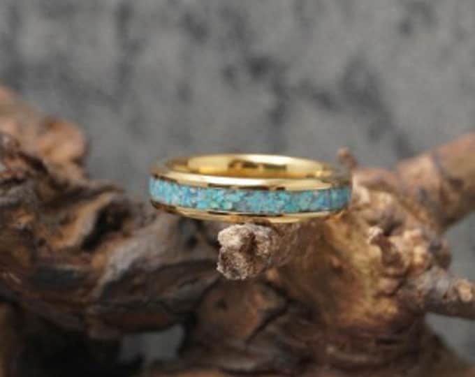 Turquoise & Teal Opal Gold Tungsten Ring - Unique Wedding Band - 4, 6, or 8mm wide ring