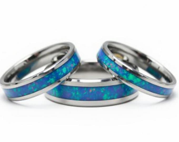 Multi-Teal Opal Tungsten Wedding Band: Unique Inlaid Ring
