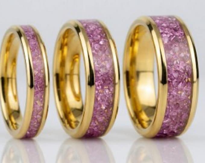 Pink CZ Stones Inlaid Gold Tungsten Ring - Available 4mm, 6mm or 8mm wide