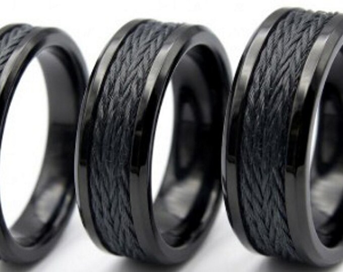 Kevlar Black Braided Line Inlaid Black Ceramic ring, Genuine Kevlar Line - Rings available 4 mm, 6 mm or 8 mm wide ring.