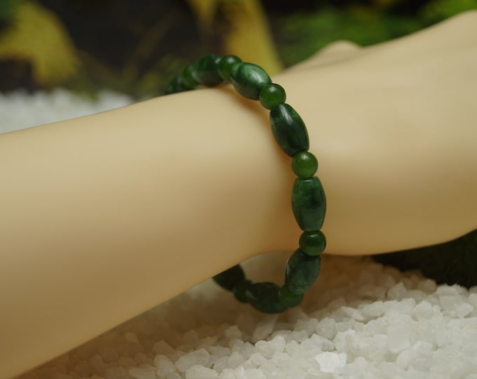 Natural Chinese Green Jade Bead Bracelet for Men or Women on Stretch Cord - 165 mm / 61/2"