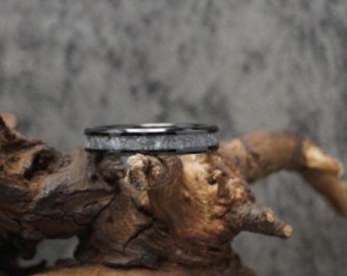Calcite Inlay Black Ceramic Ring - UV Glow Pink ring - Available 4, 6 or 8 mm Wide Ring