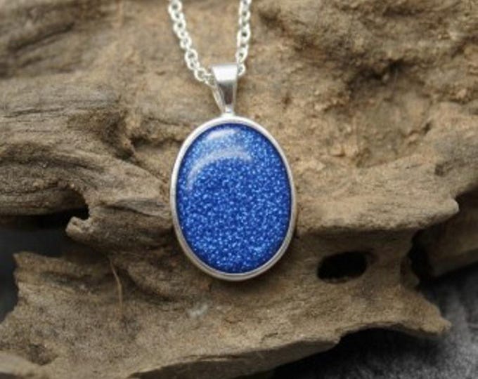 Personalised Sterling Silver Oval Pendant and 18" Trace Chain both Hallmarked 925 including Ashes or Hair Inlaid With Blue Eco-glitter