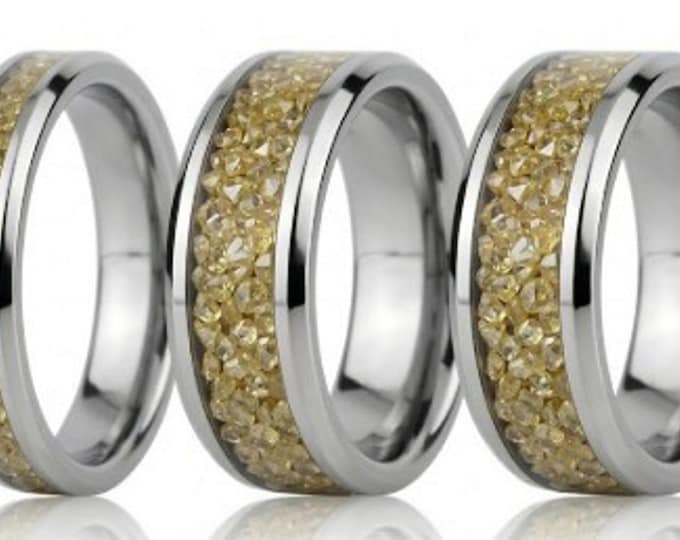 Golden CZ Stones Inlaid Tungsten Carbide Ring - Available 4mm, 6mm or 8mm wide