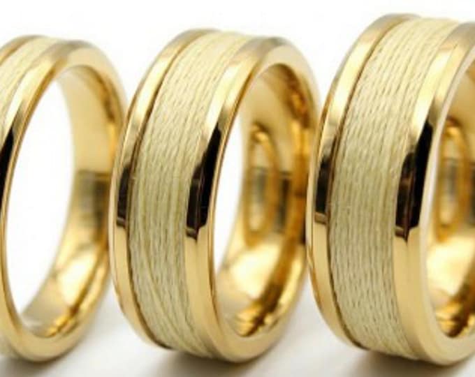 Kevlar Yellow Braided Line Inlaid Gold Tungsten Ring, Genuine Kevlar Line - Rings available 4 mm, 6 mm or 8 mm wide ring.