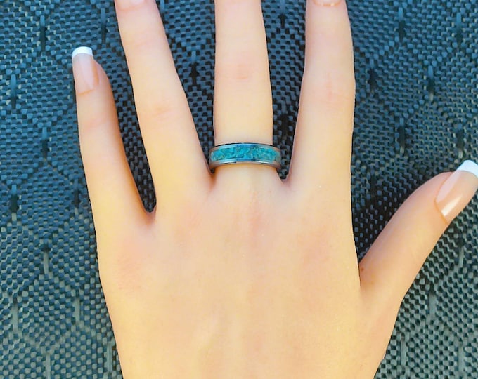 Blue Apatite Black Ceramic Wedding Band: Unique Ring (4-8 mm)