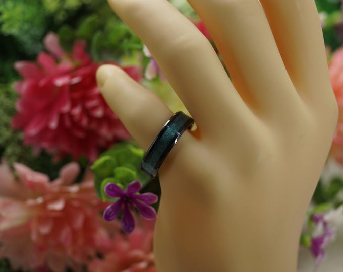 Black Ceramic ring inlaid with Genuine Teal fishing Line Wedding Band 4 mm, 6 mm or 8 mm wide ring - Unique Ring