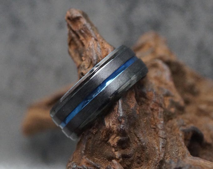 Black Tungsten Brushed Ring With Thin Blue Line Wedding Band Ring