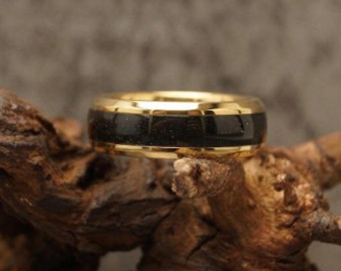 Black Graphite Inlay Gold Tungsten Carbide Ring - Unique Band