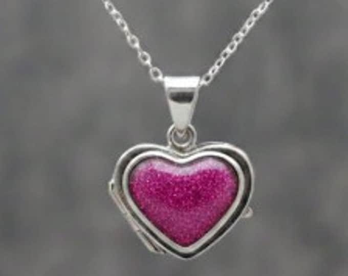 Personalised Sterling Silver Heart Locket with Magenta Eco-Glitter Ashes or Hair Memorial Necklace 18"