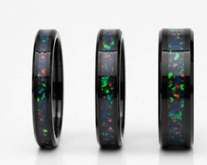 Black Opal #3 Black Ceramic Wedding Band: Unique Inlaid Ring