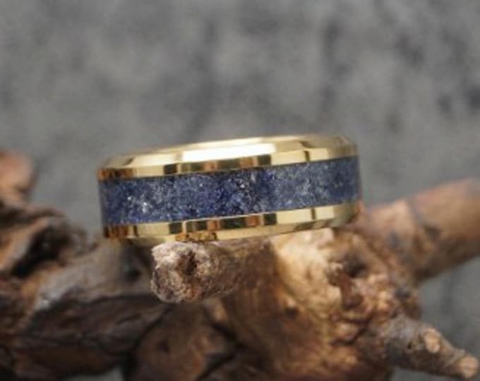 Dark Blue Goldstone Inlay Gold Tungsten Carbide Wedding Band - available 4 mm, 6 mm or 8 mm wide - Unique ring