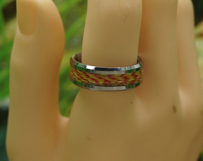Spider-Line Fishing Line Red and Yellow - Inlay Tungsten Ring - Available 4 mm, 6 mm or 8 mm Wide Ring